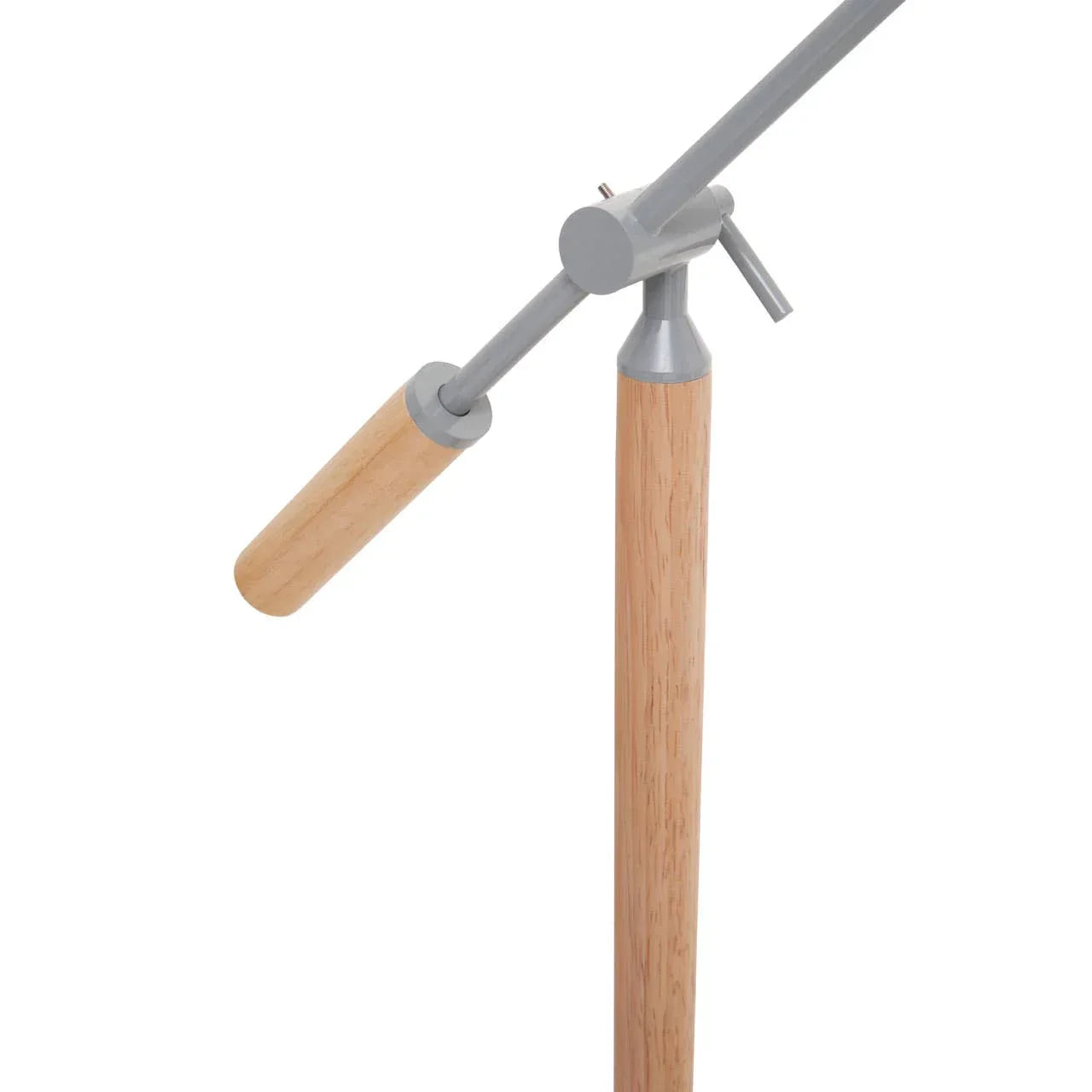 Contemporary floor lamp with adjustable grey metal arm and natural wood stem