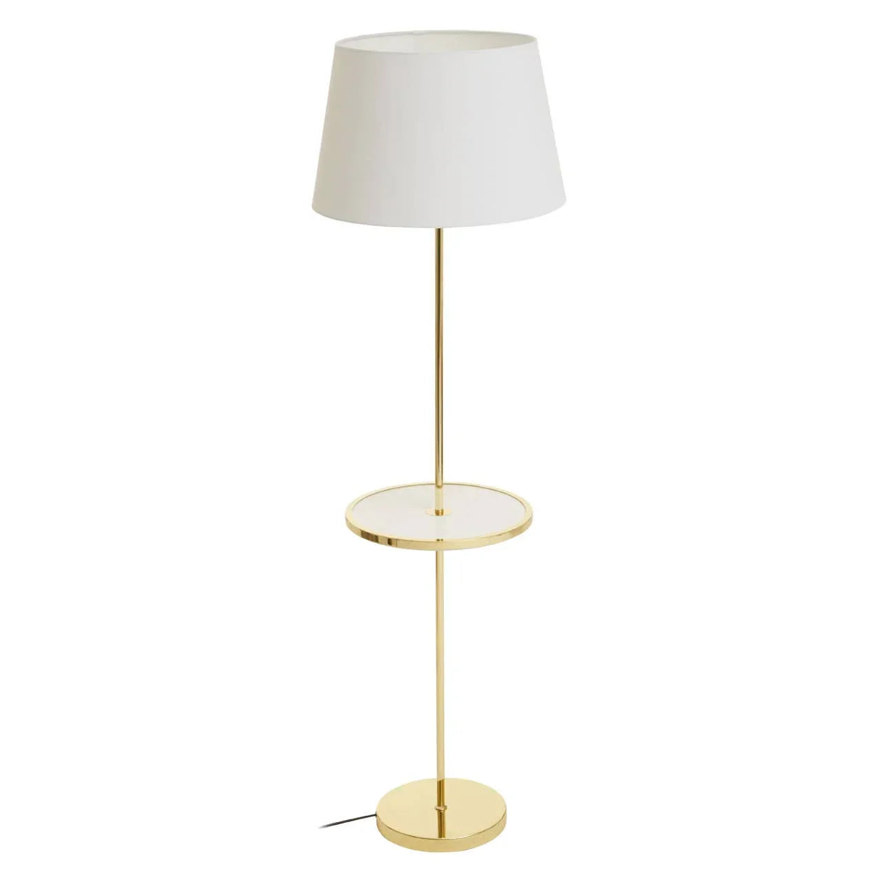 Gold floor lamp with white lampshade and built-in round glass shelf