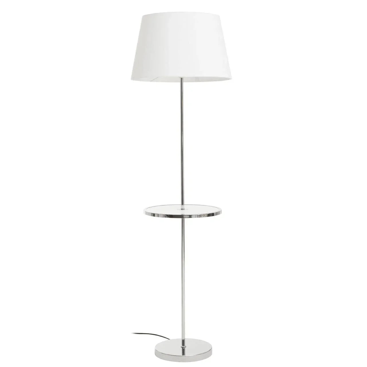 Chrome floor lamp with round tray table and white lampshade