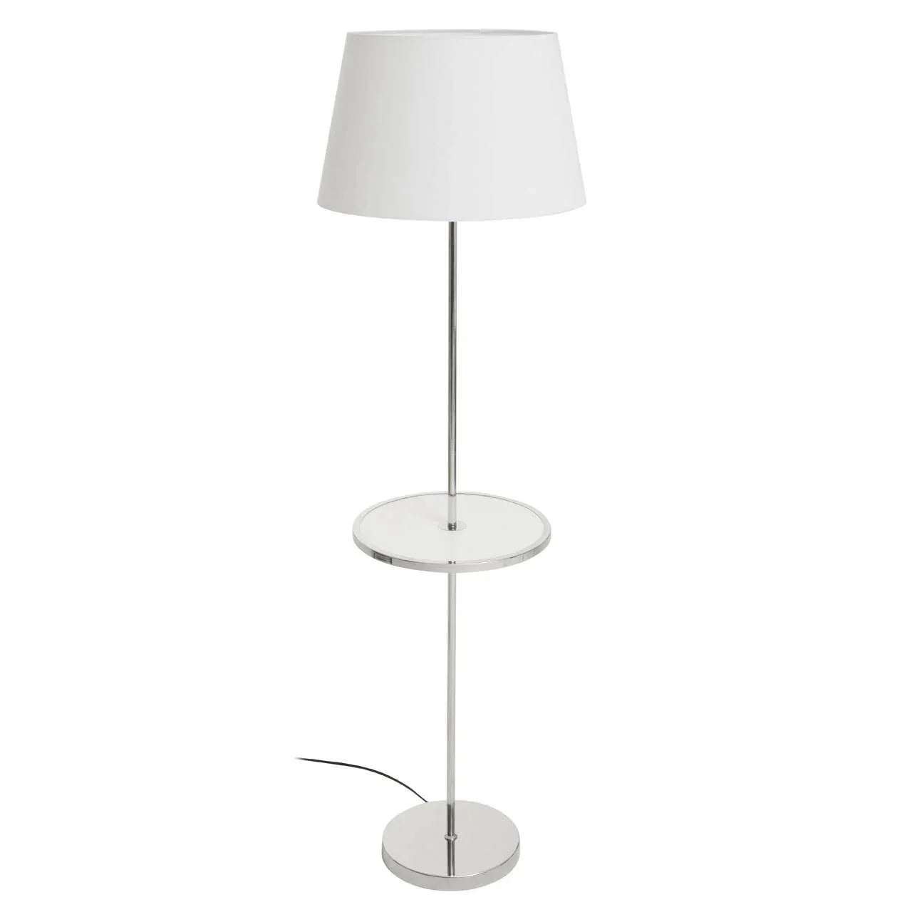 Modern floor lamp with white shade and built-in round glass shelf, chrome finish base