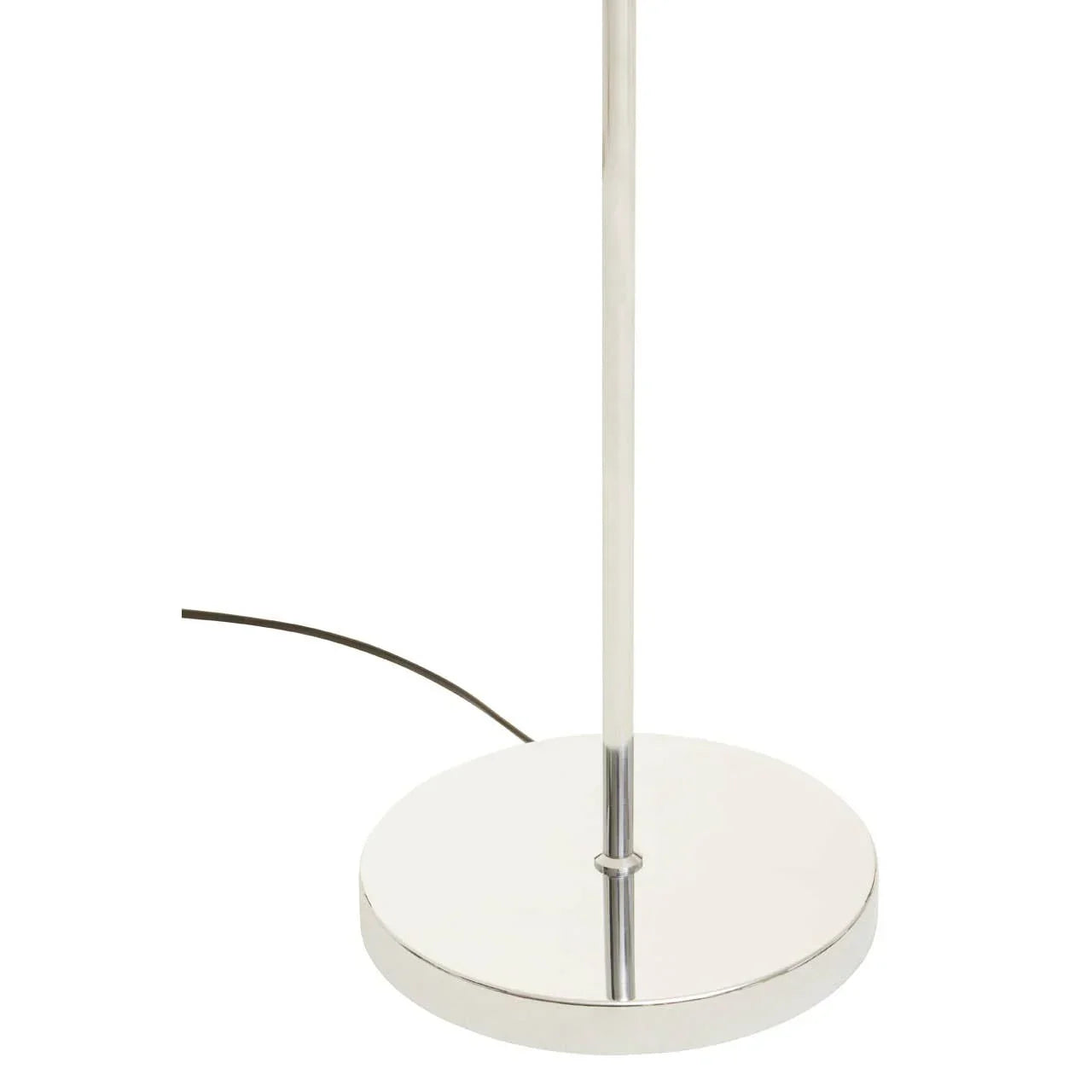 Chrome floor lamp base with slim stand and black power cord on white background