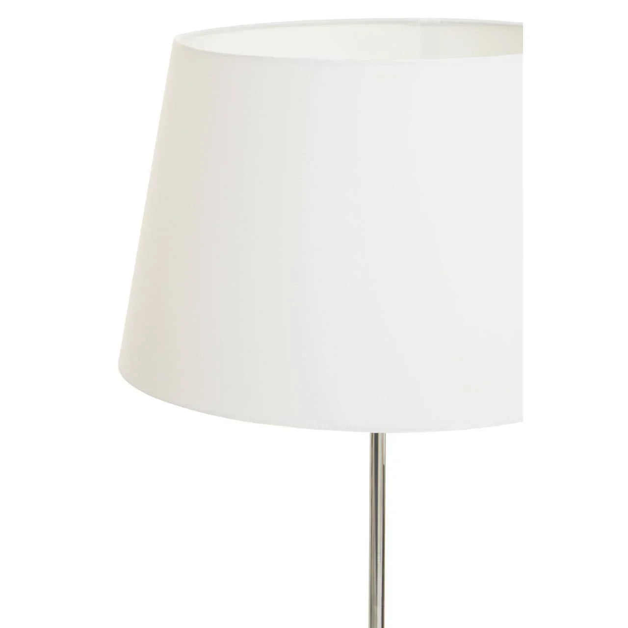 White fabric lamp shade on a chrome floor lamp, side view