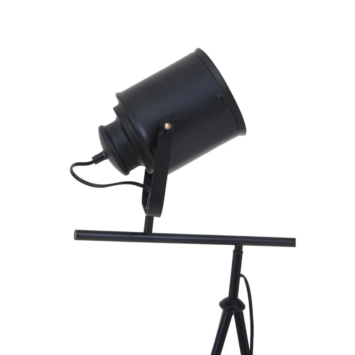 Black metal tripod floor lamp with adjustable spotlight head side view