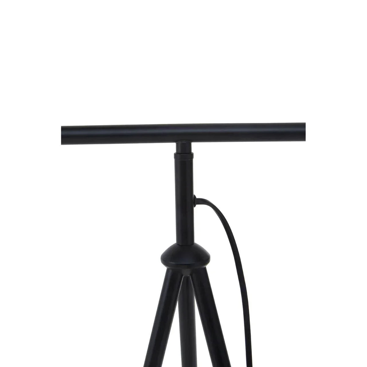 Black metal tripod floor lamp stand with horizontal bar and power cord