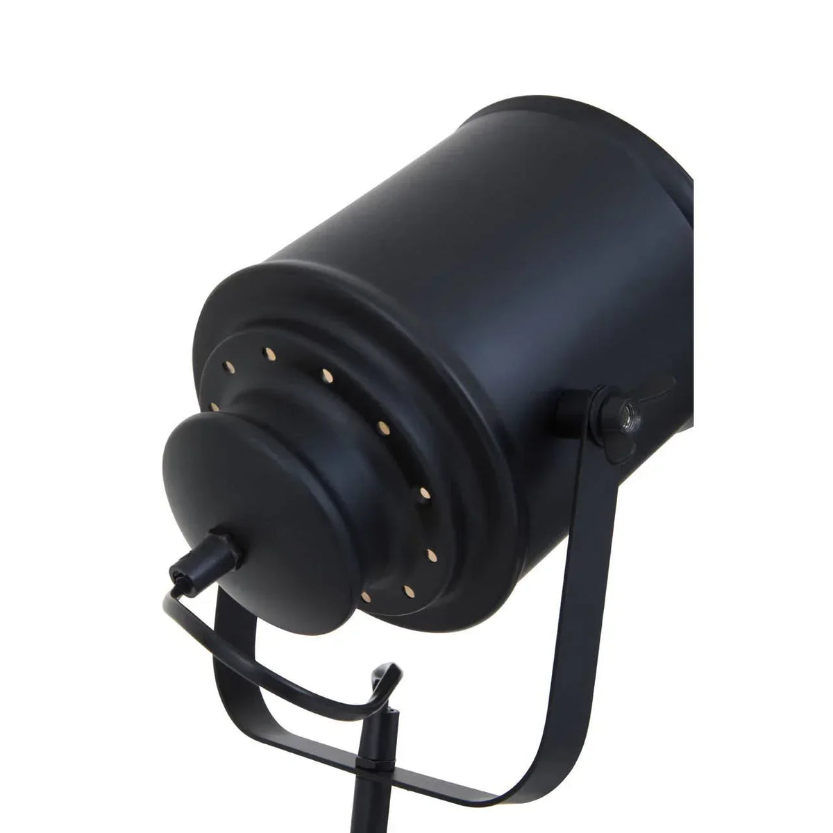 Black metal spotlight lamp with adjustable stand and round perforated casing