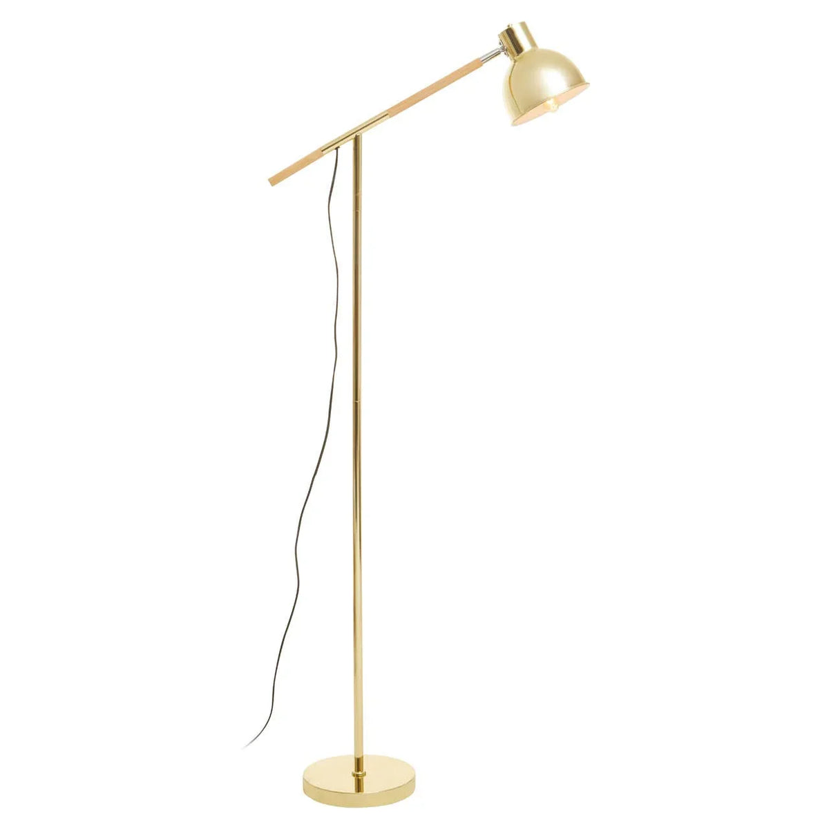 Gold floor lamp with adjustable arm and dome shade on round base