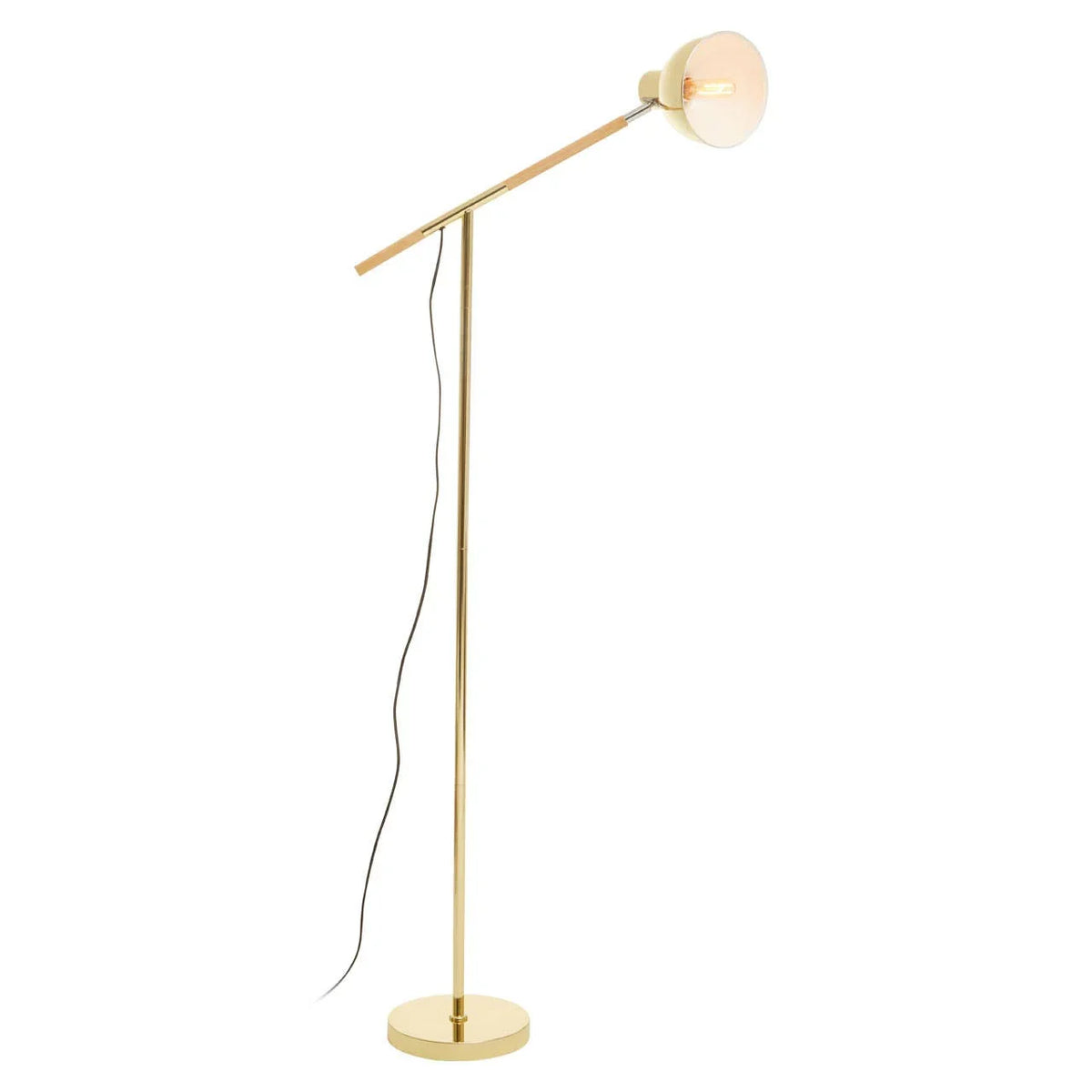 Gold floor lamp with round base and angled stem, exposed bulb and black cord