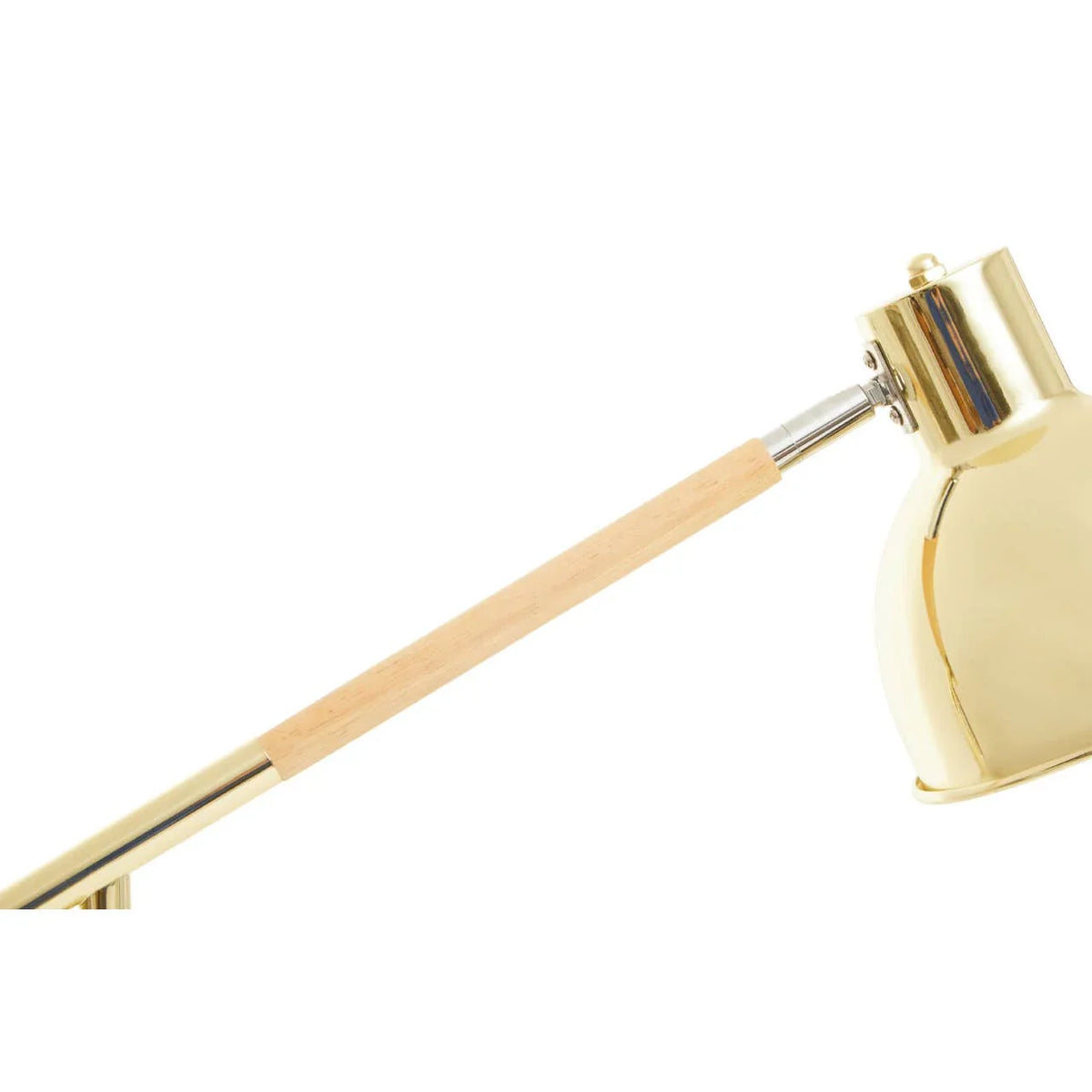 Brass desk lamp with gold metal shade and wooden arm detail, close-up view