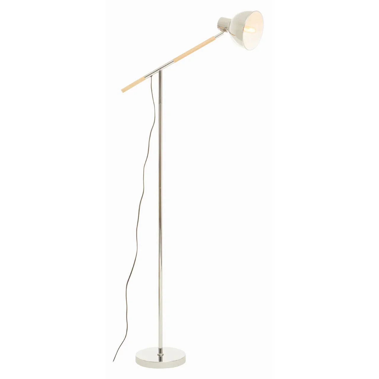 Modern floor lamp with chrome stand, adjustable arm and round base