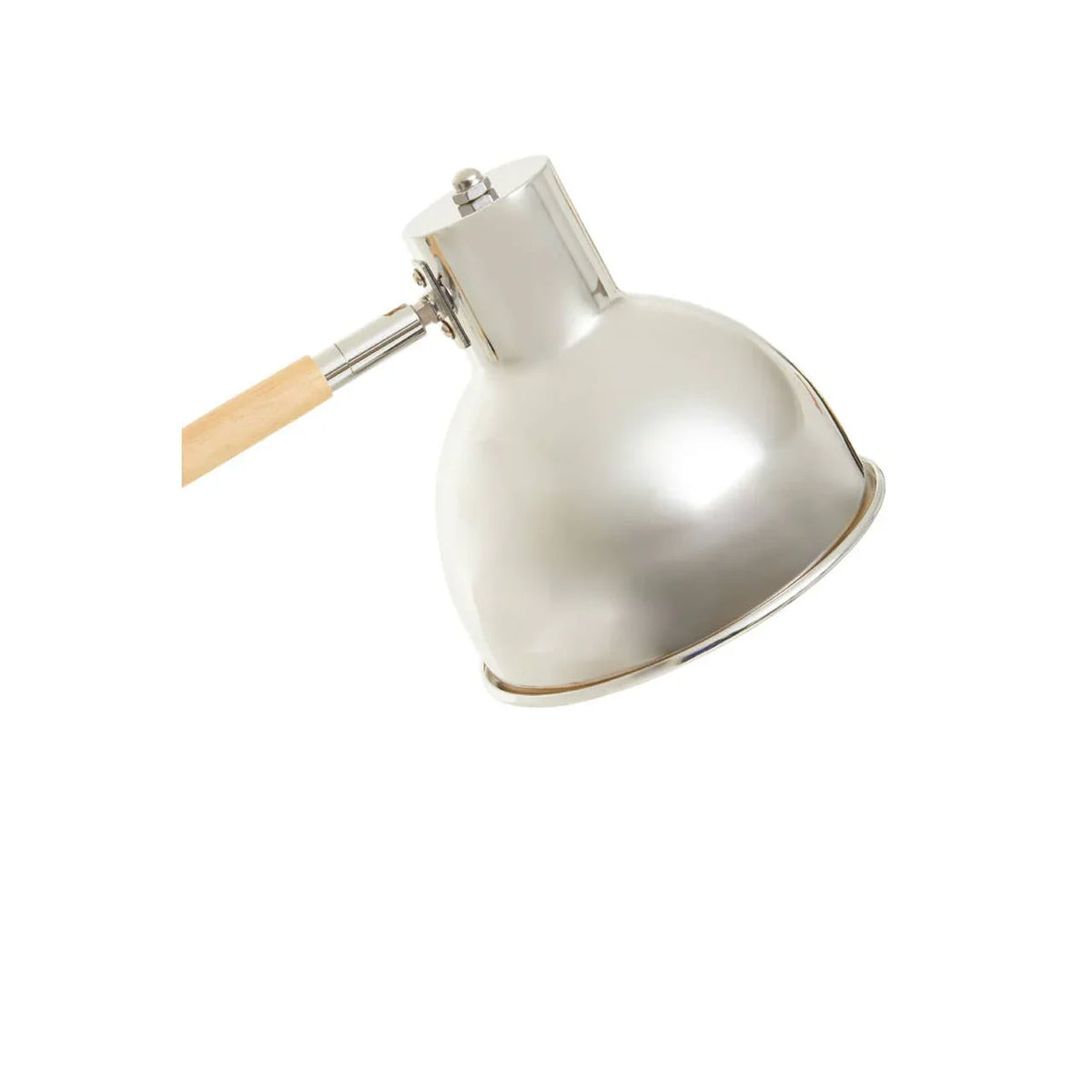 Satin chrome desk lamp head with wooden arm on white background