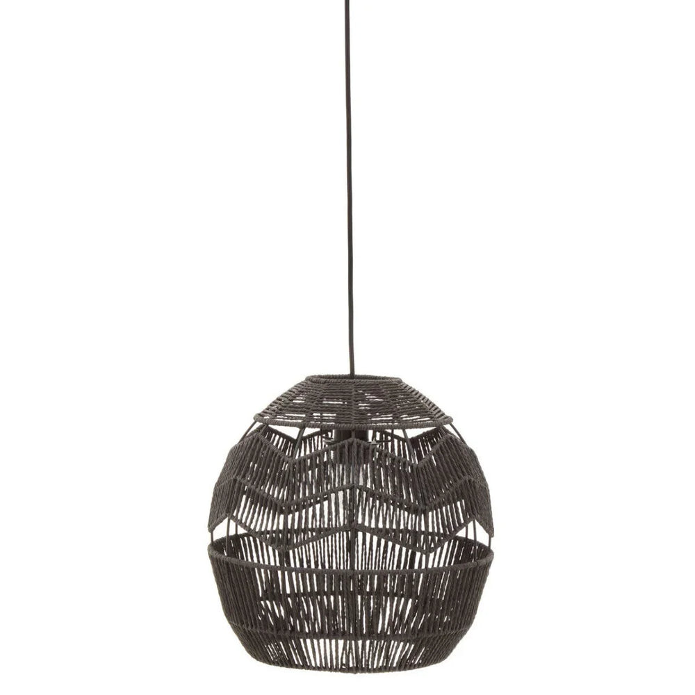Black rattan pendant light with woven openwork design hanging from cord