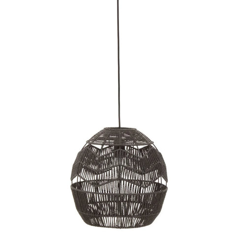 Black rattan pendant light with woven openwork design hanging from cord