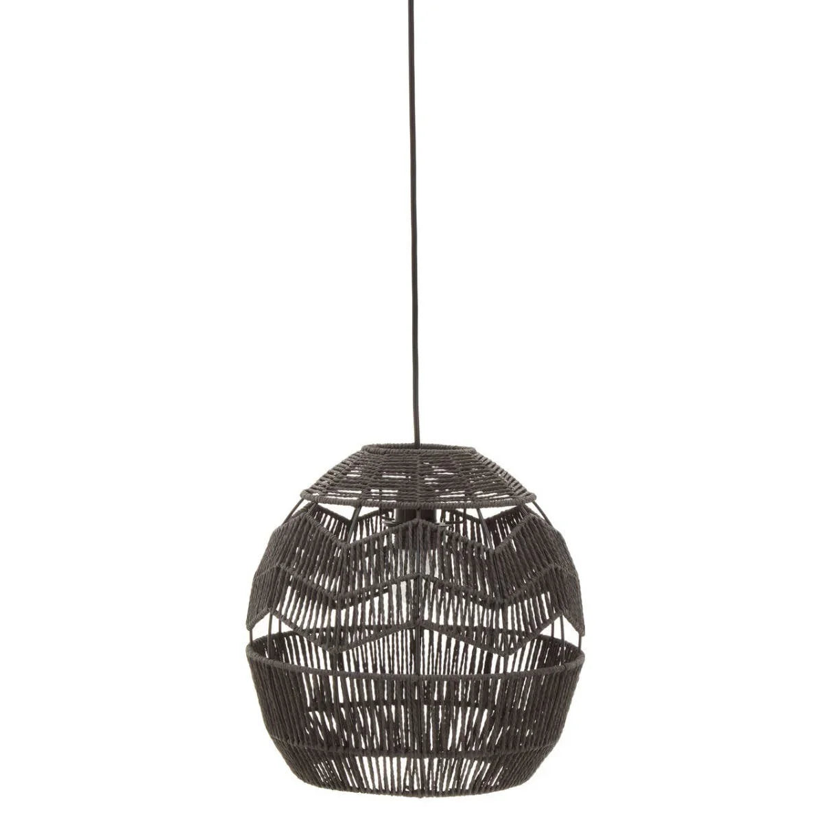 Black rattan pendant light with woven openwork design hanging from cord