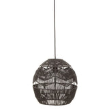 Black rattan pendant light with woven openwork design hanging from cord