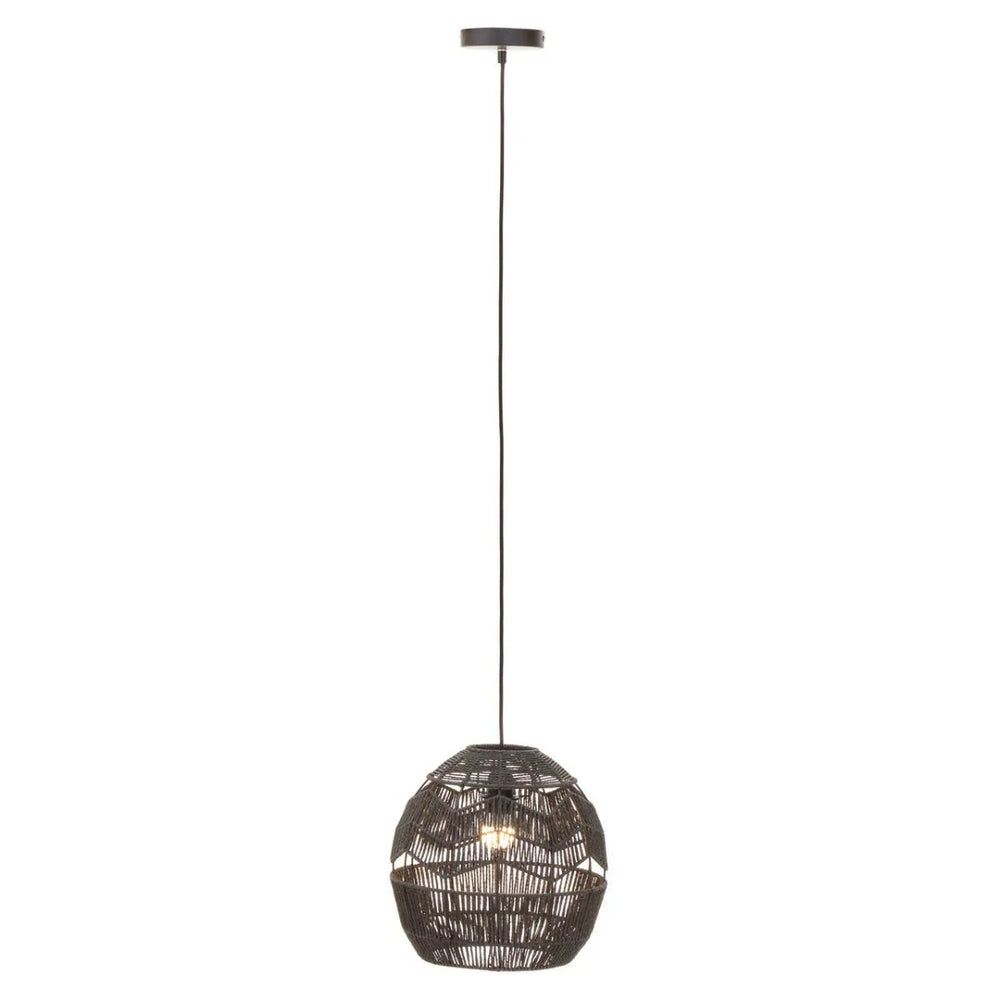 Black woven pendant light with globe shade hanging from ceiling