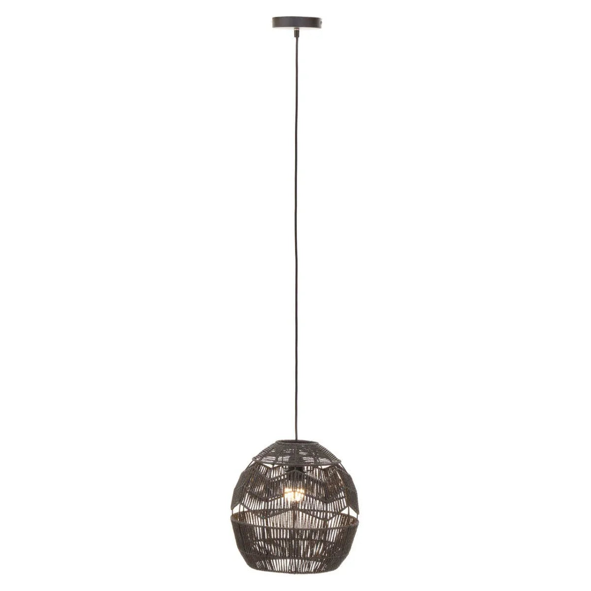 Black woven pendant light with globe shade hanging from ceiling
