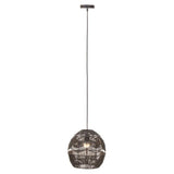 Black woven pendant light with globe shade hanging from ceiling