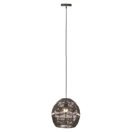 Black woven pendant light with globe shade hanging from ceiling