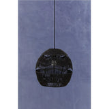 Black rattan pendant light with woven pattern against a blue wall