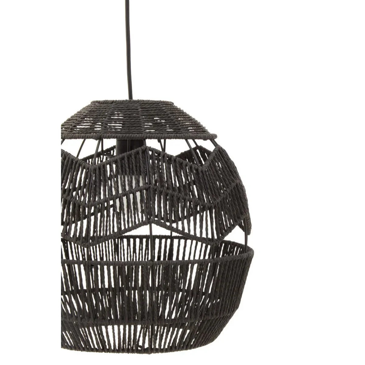 Black woven pendant light with geometric openwork design and hanging cable