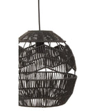 Black woven pendant light with geometric openwork design and hanging cable