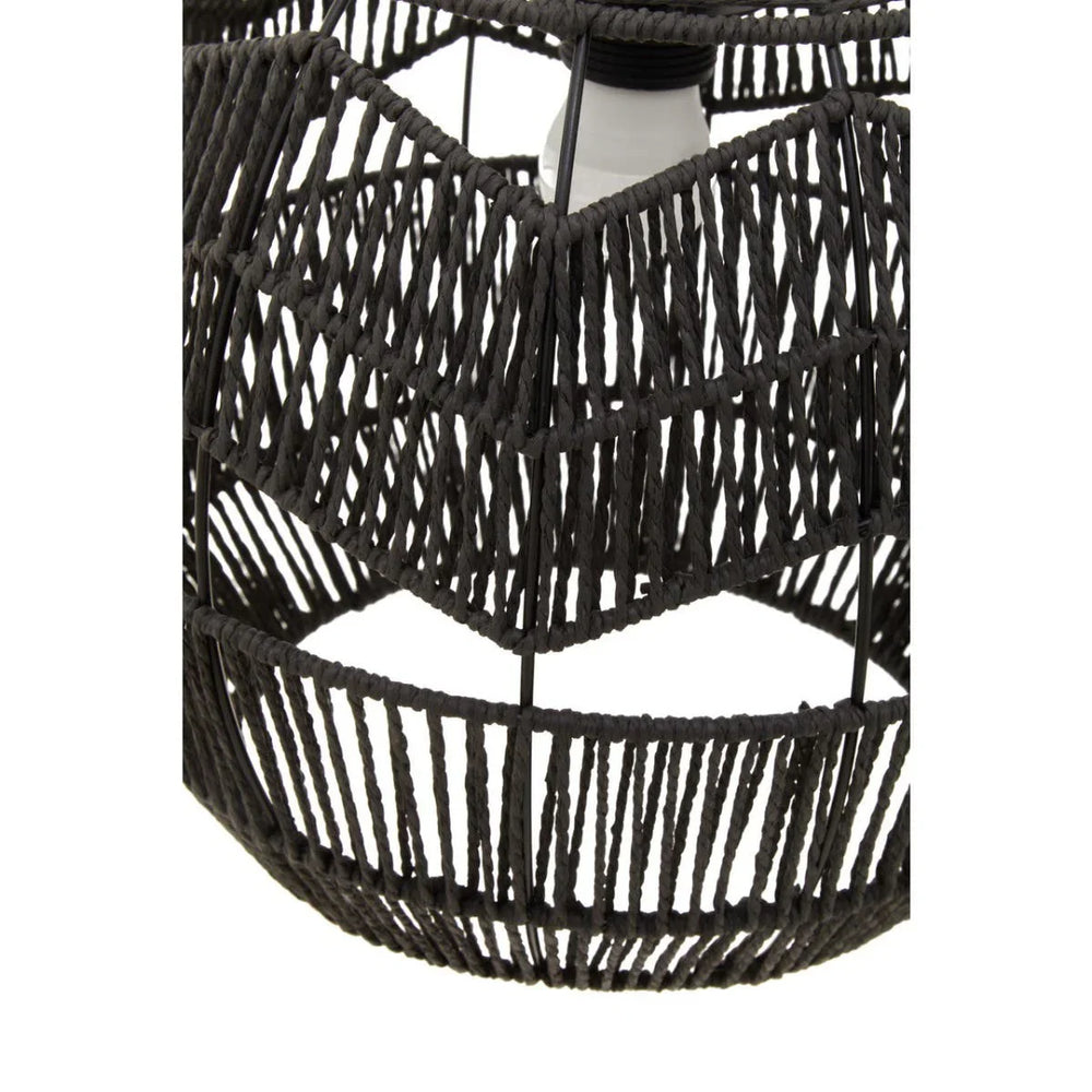 Black woven pendant light shade with chevron pattern and exposed bulb detail