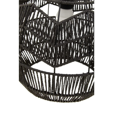 Black woven pendant light shade with chevron pattern and exposed bulb detail