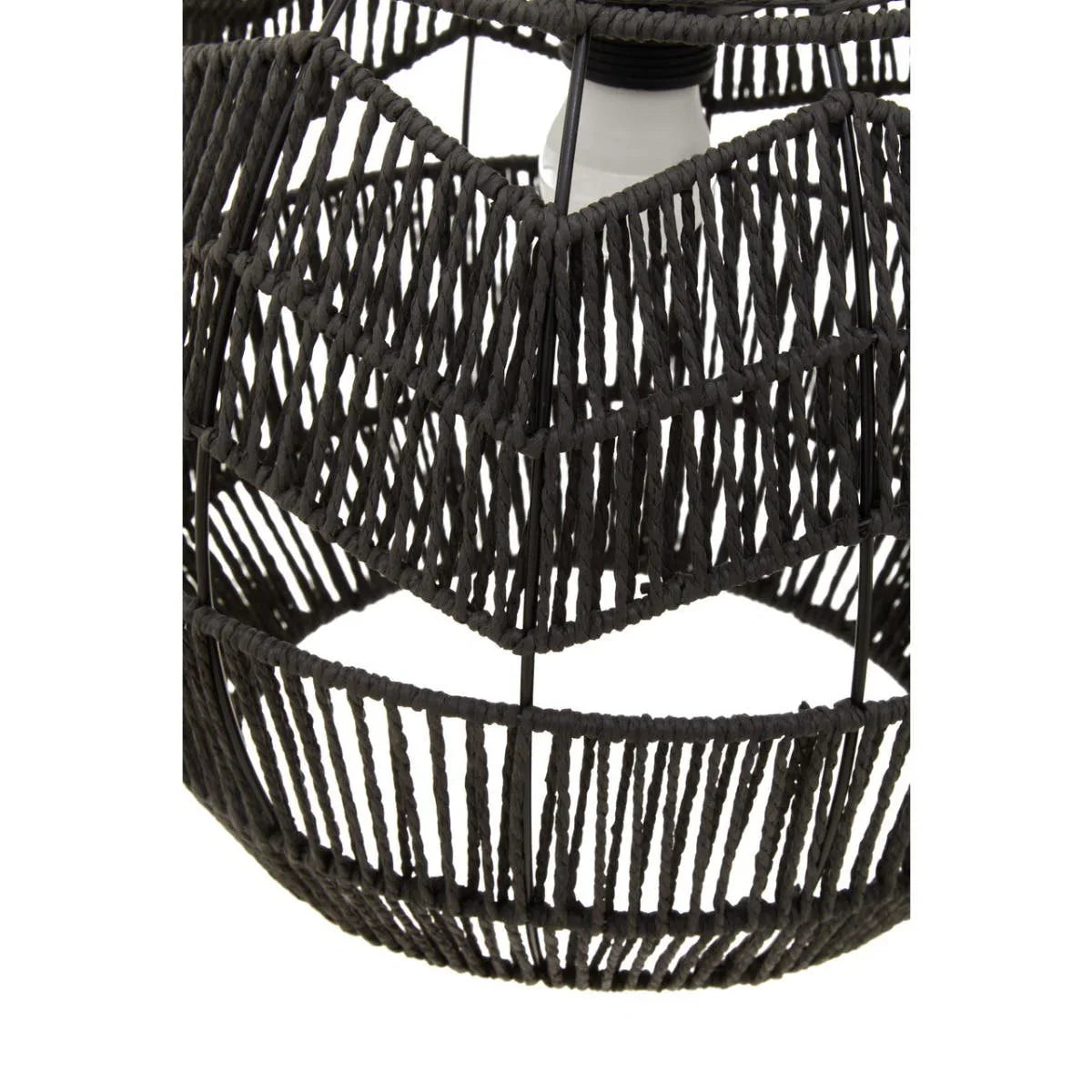 Black woven pendant light shade with chevron pattern and exposed bulb detail
