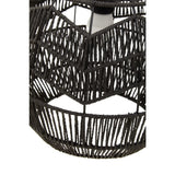 Black woven pendant light shade with chevron pattern and exposed bulb detail