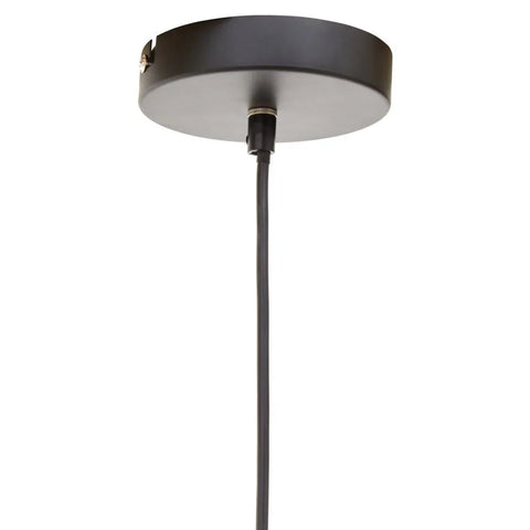 Black pendant light ceiling rose with attached cable, close-up view