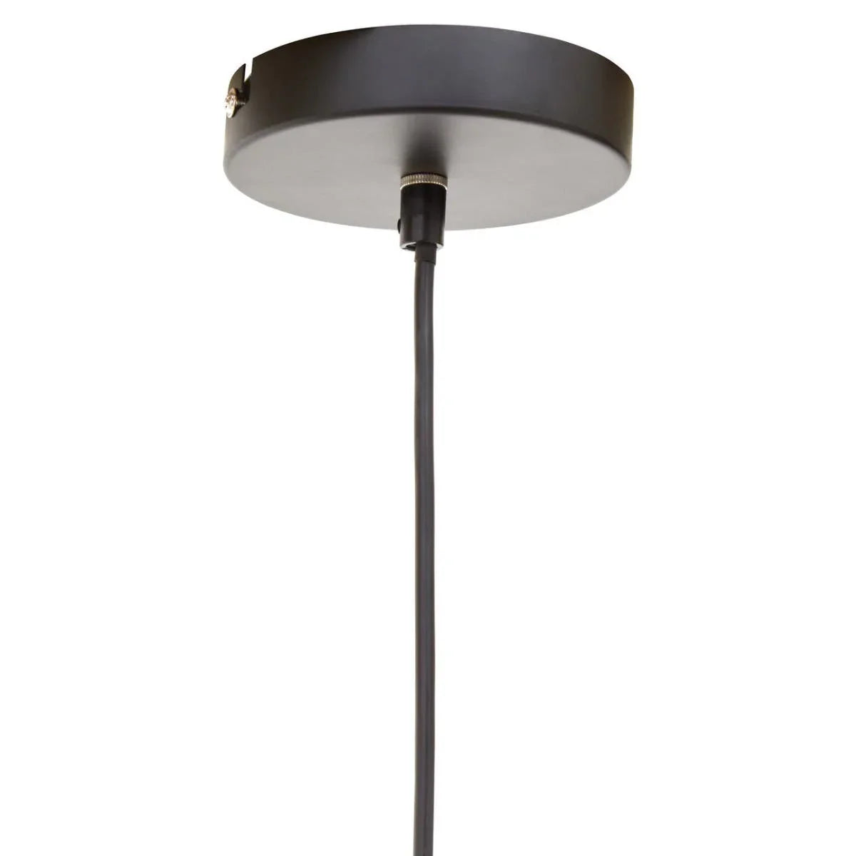 Black pendant light ceiling rose with attached cable, close-up view