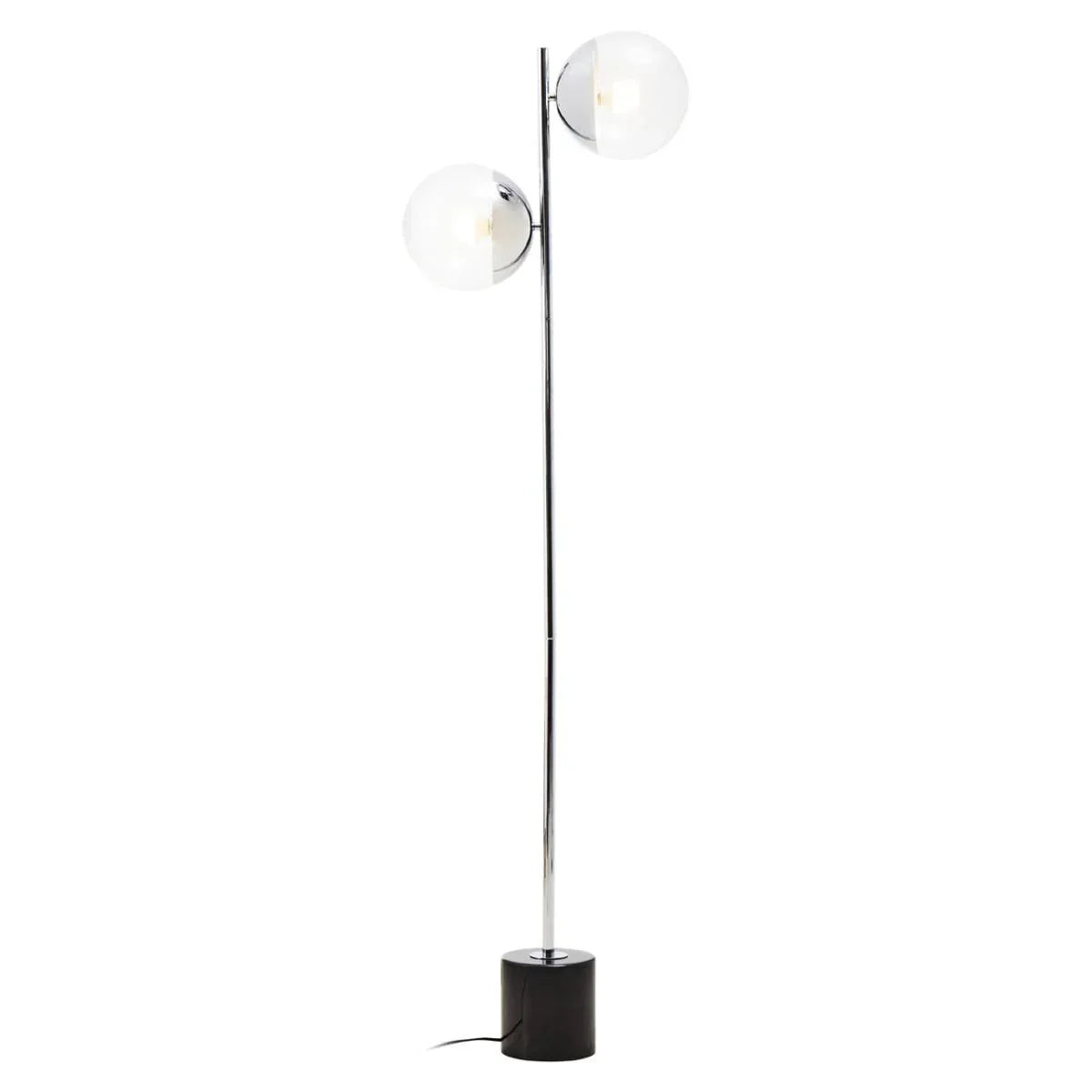 Modern floor lamp with chrome stem, dual glass globes, and black cylindrical base