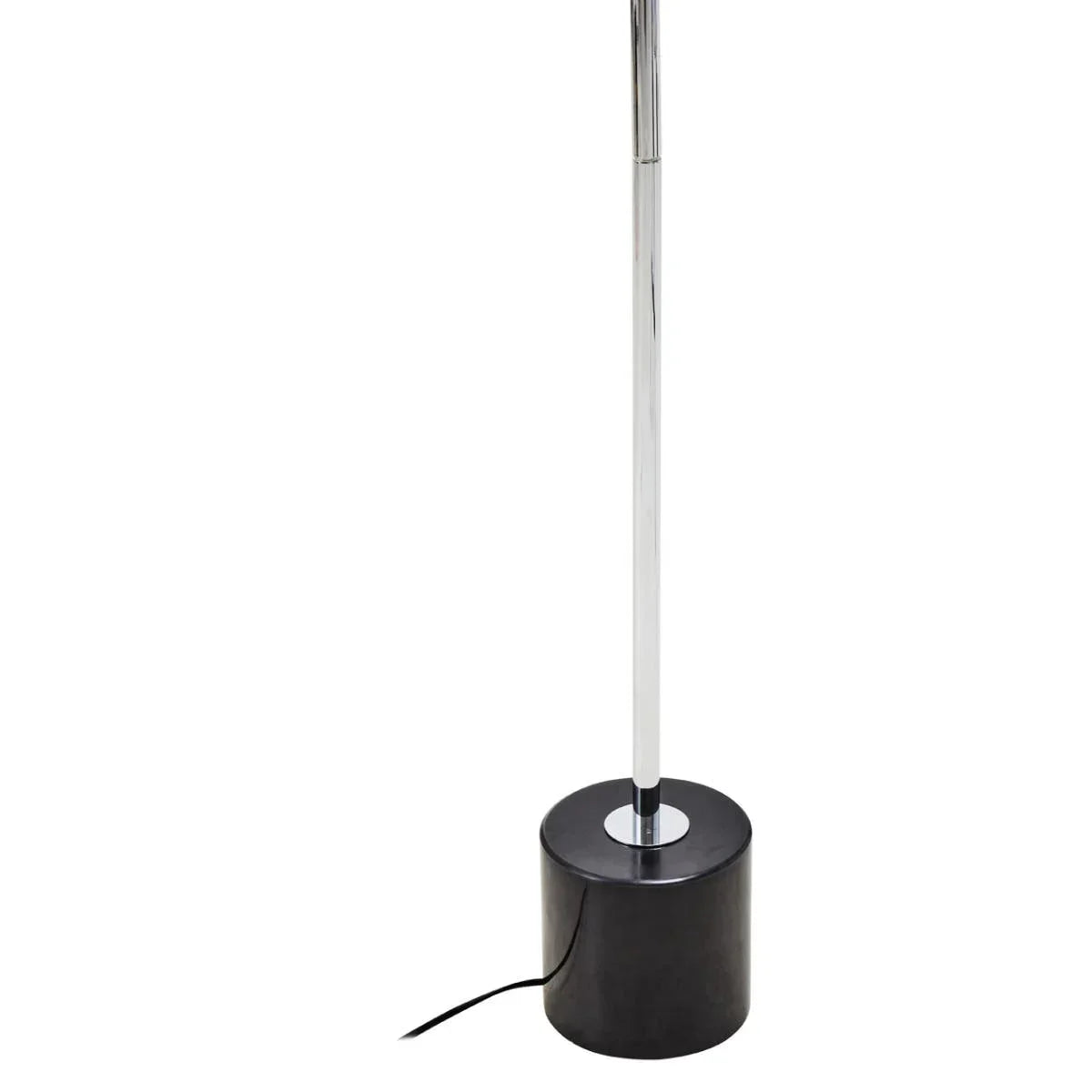 Chrome floor lamp with black cylindrical base and visible power cord on white background
