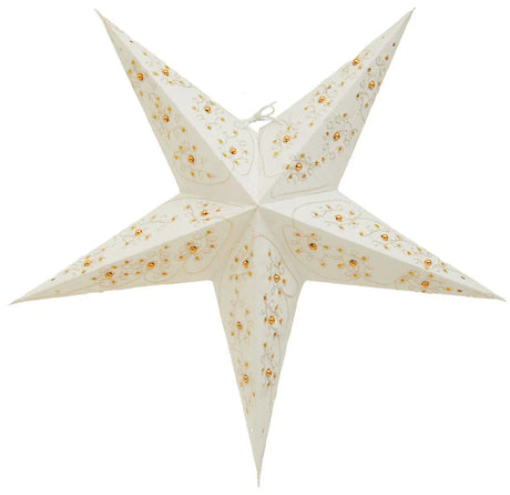 White paper star lantern with gold floral pattern and cut-out details