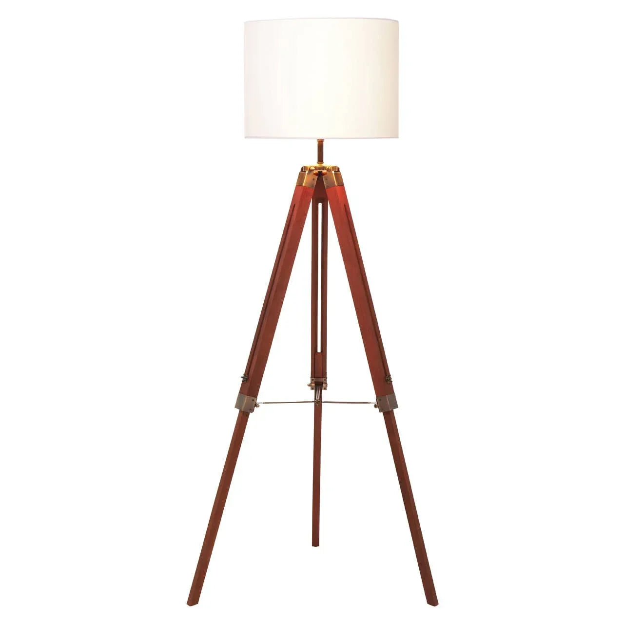 Wood tripod floor lamp with white drum shade, brass accents and stable three-leg base
