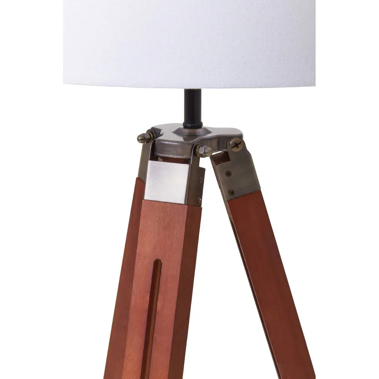 Tripod table lamp with wooden legs and white fabric shade, close-up of base and fittings