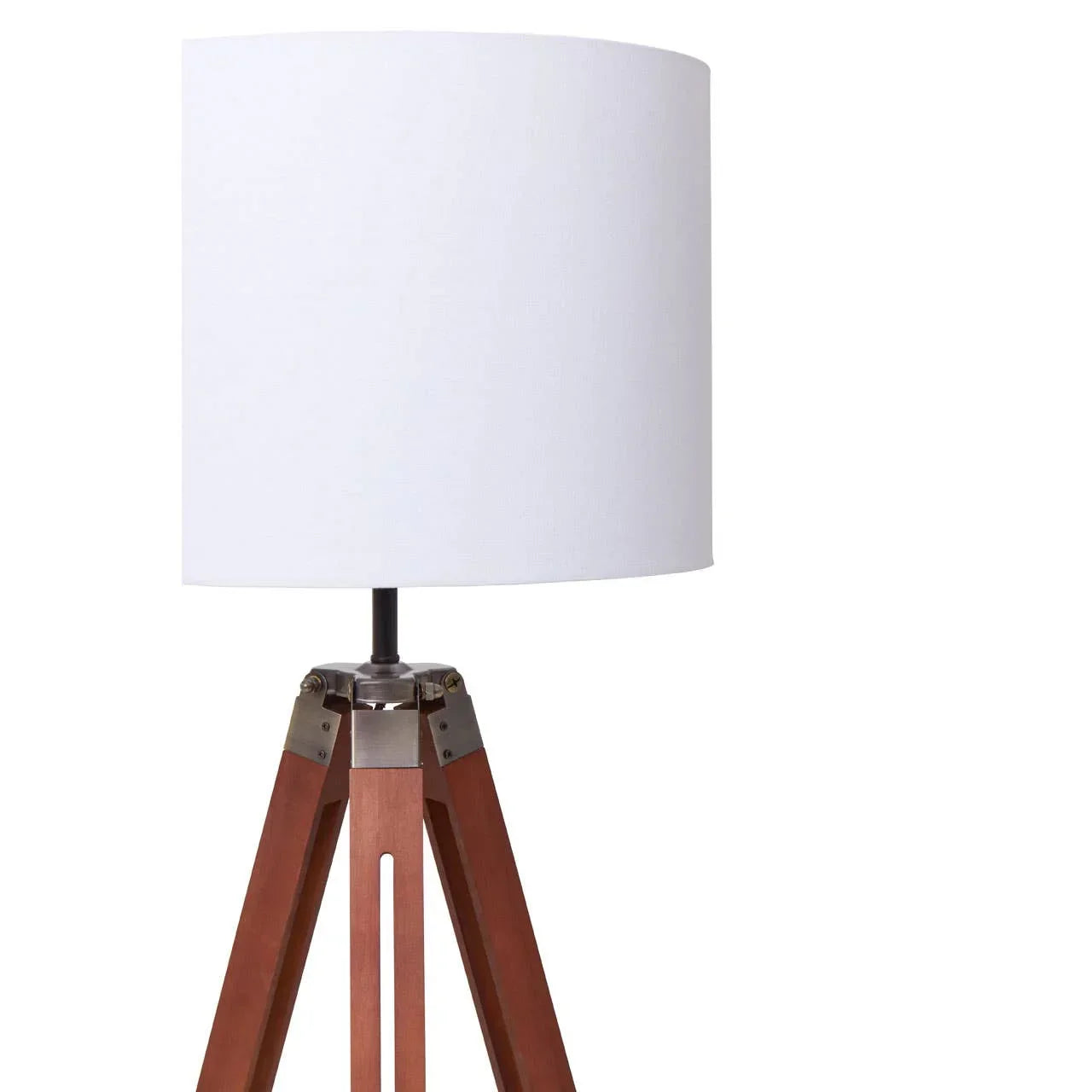 Tripod table lamp with white drum shade and wooden legs