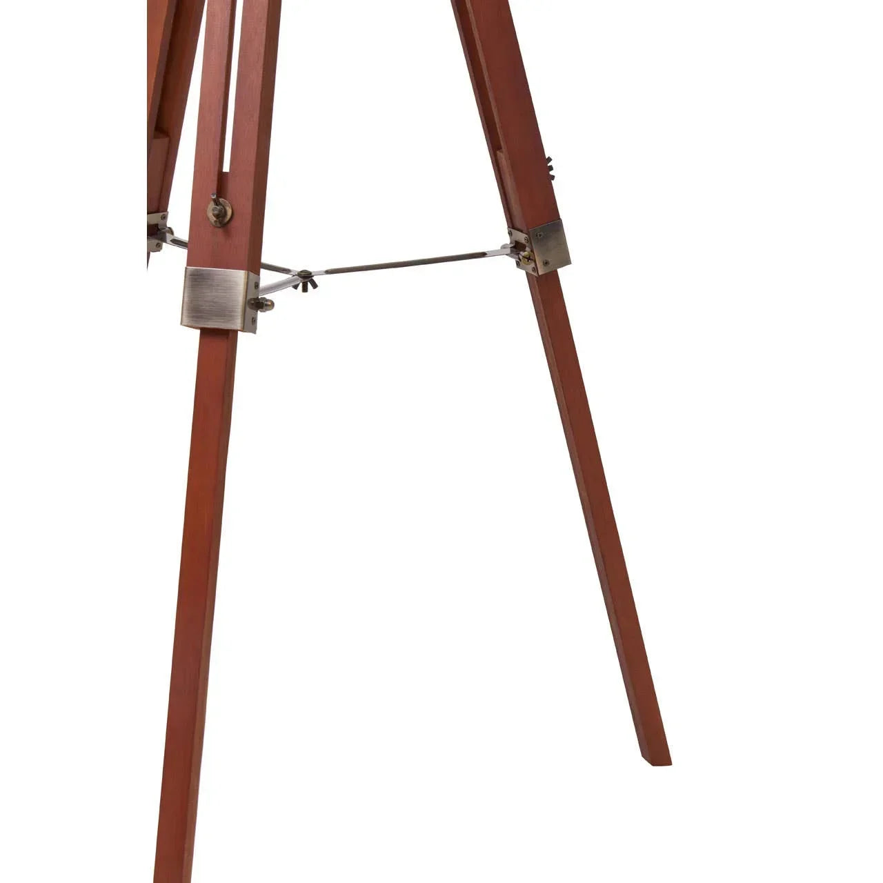 Wooden tripod lamp base with metal fittings, close-up of brown legs and support bar