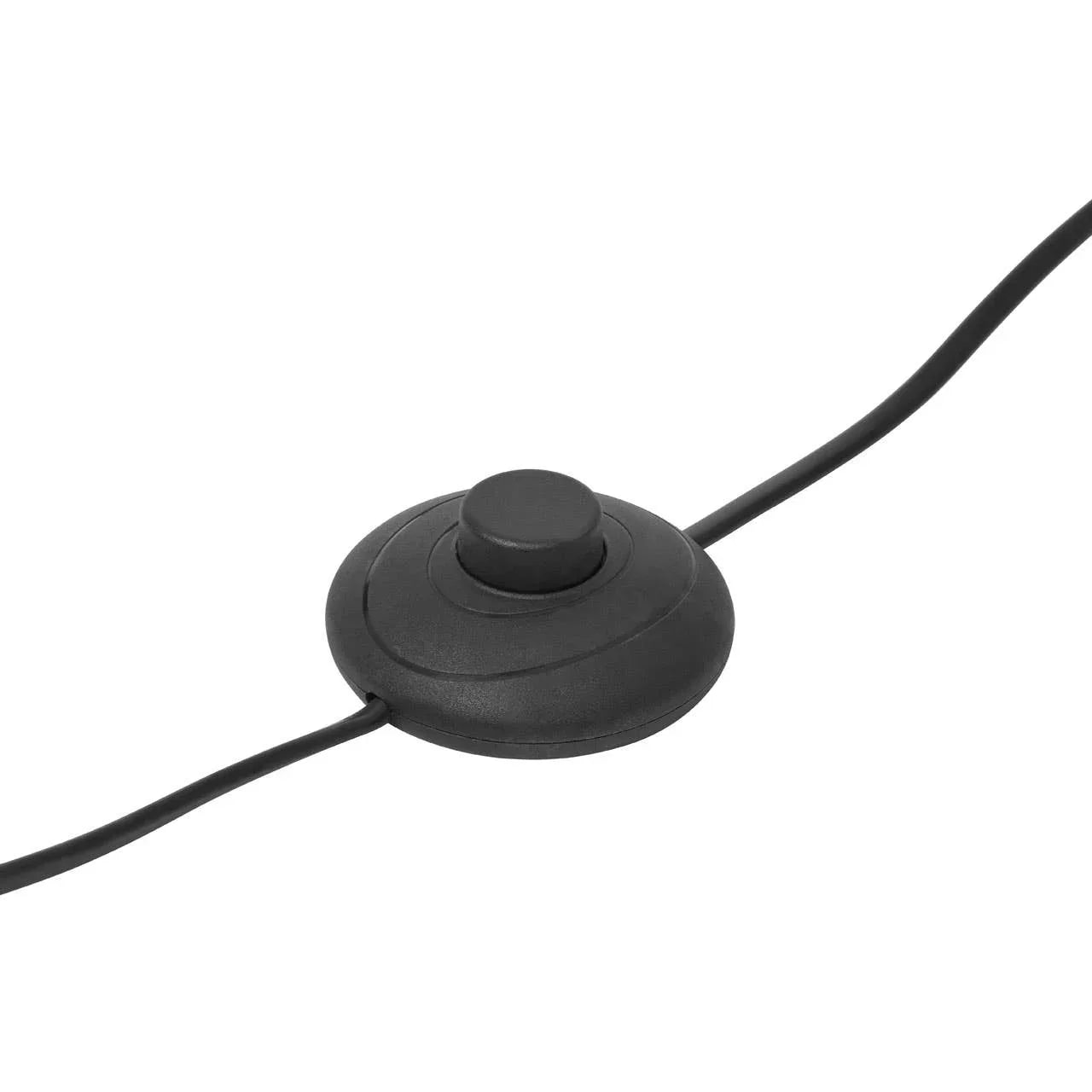 black floor lamp foot switch with circular button and cord against white background