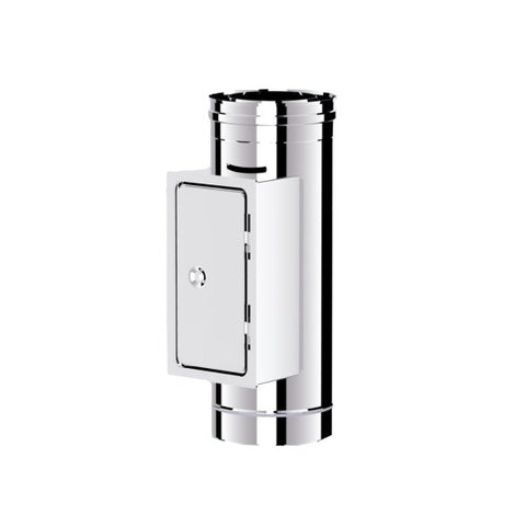 100mm Solinox Straight Pipe with Inspection Door, featuring a sleek chrome finish and a convenient access door for easy maintenance.