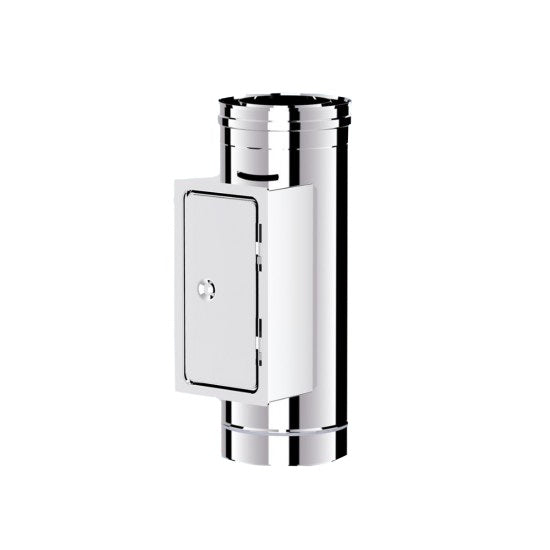 100mm Solinox Straight Pipe with Inspection Door, featuring a sleek chrome finish and a convenient access door for easy maintenance.