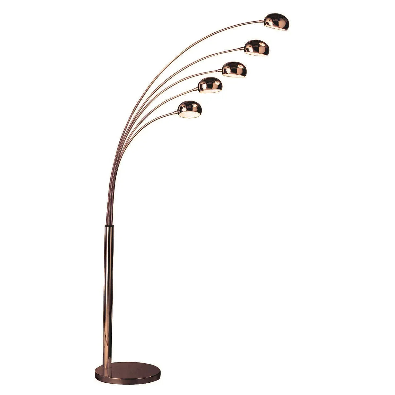 Copper arc floor lamp with five adjustable dome lights and round base