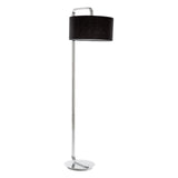 Chrome floor lamp with black drum shade and round base