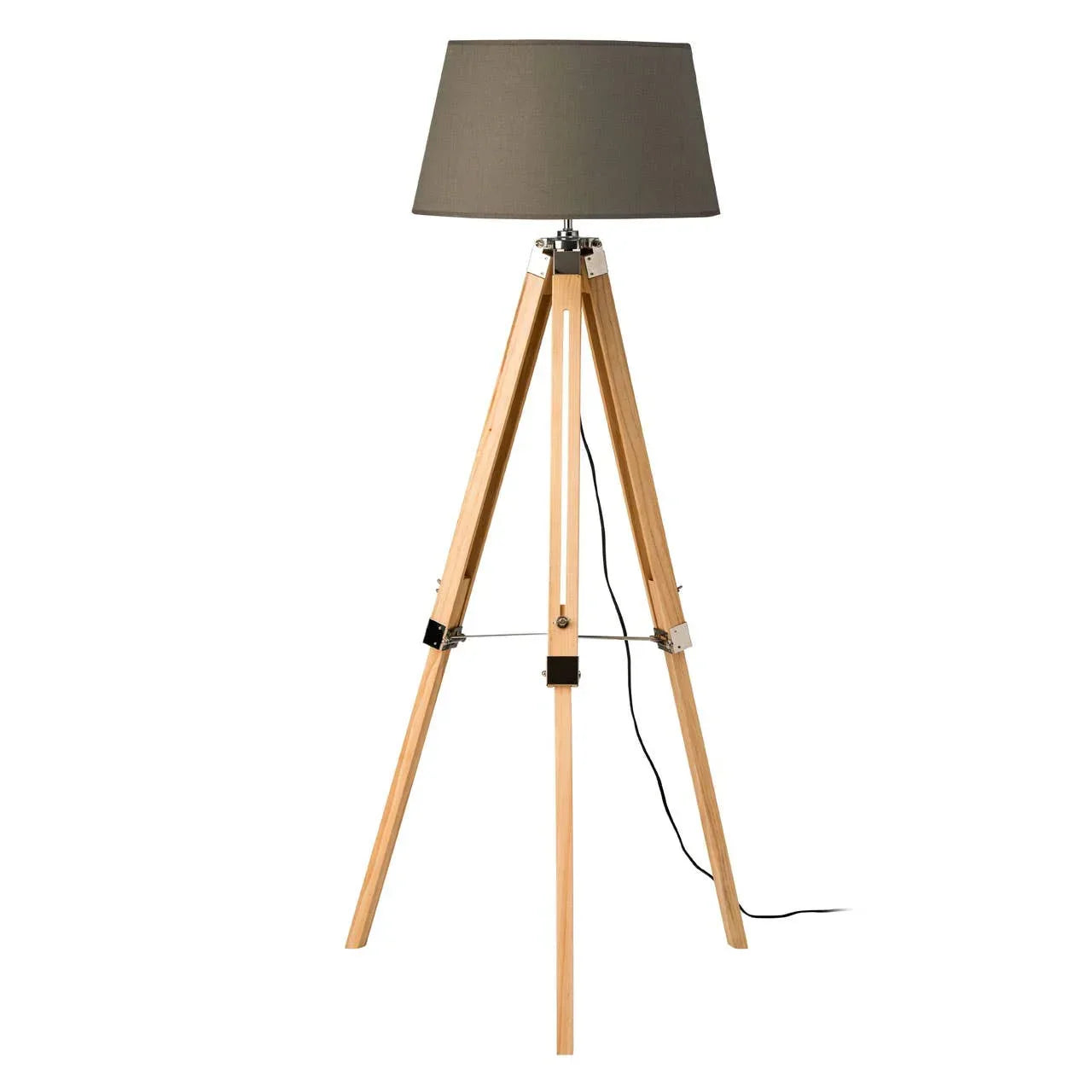 Tripod floor lamp with beige wood legs and grey fabric shade