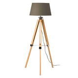 Tripod floor lamp with beige wood legs and grey fabric shade