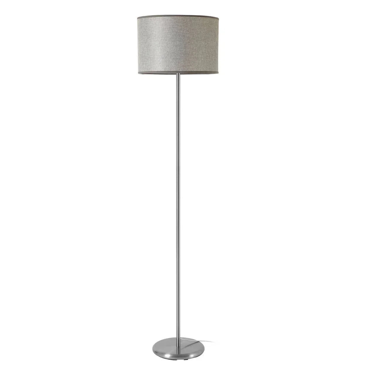 Modern floor lamp with grey fabric shade and chrome base
