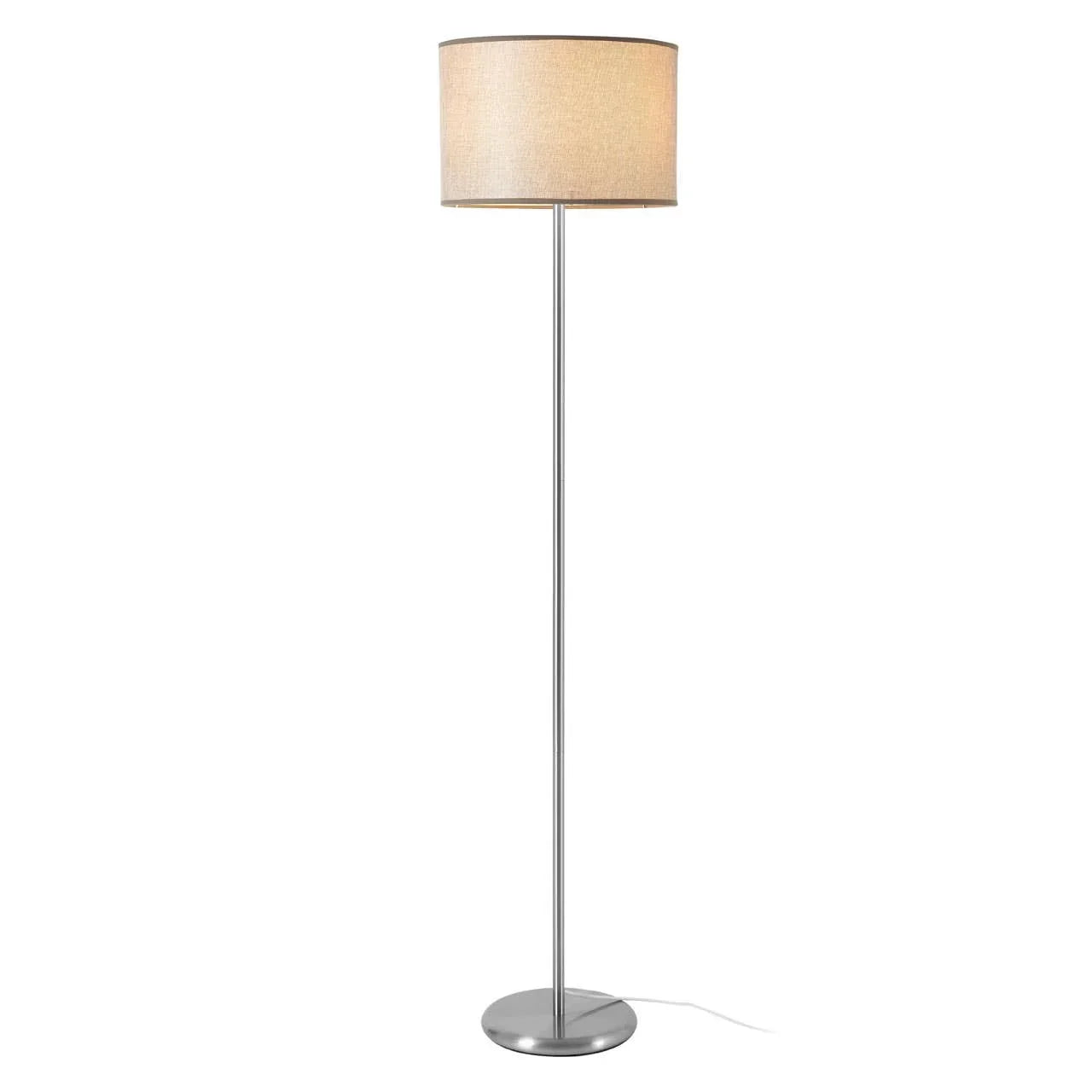Chrome floor lamp with beige fabric drum shade and round base