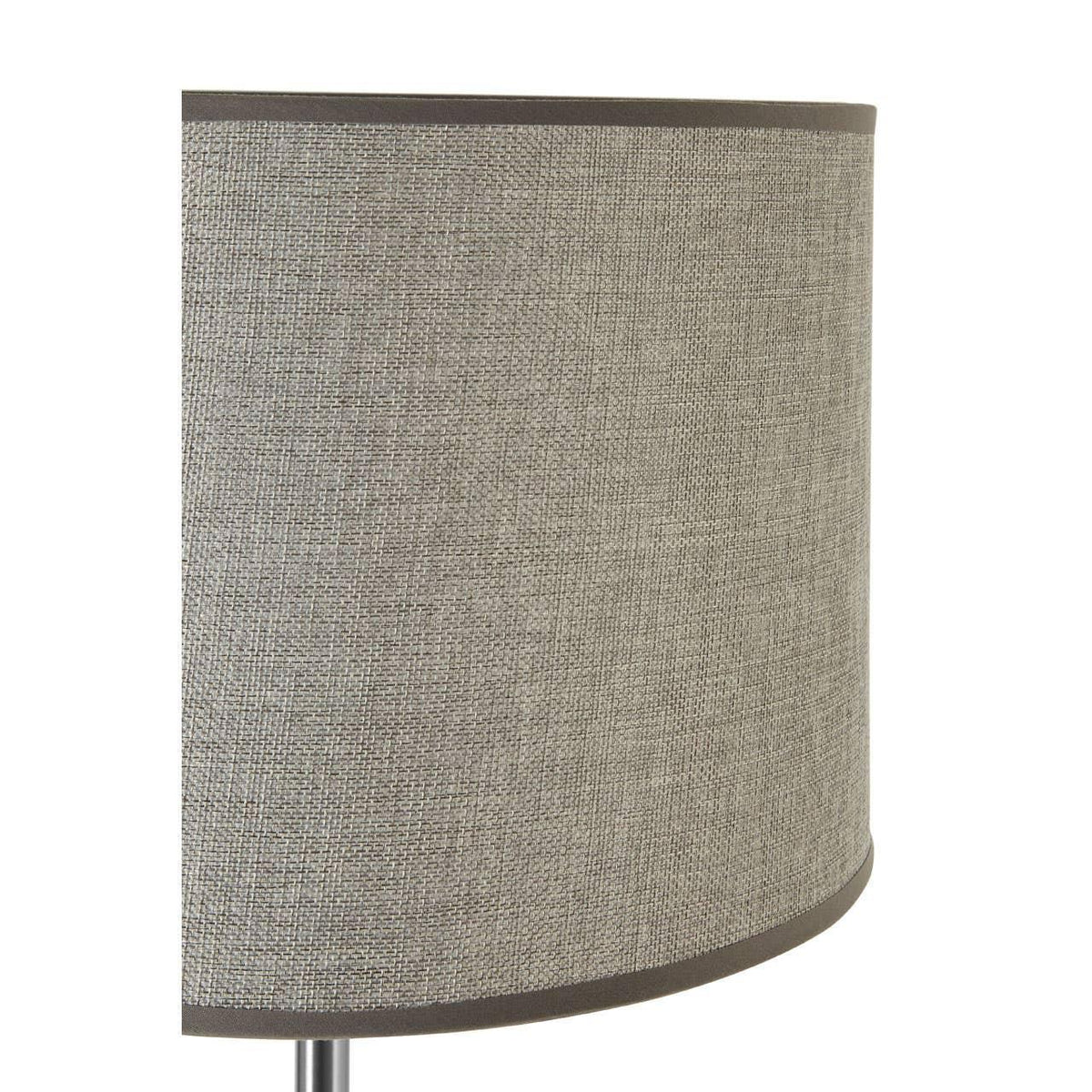 Grey fabric drum lampshade with subtle woven texture shown in close-up side view