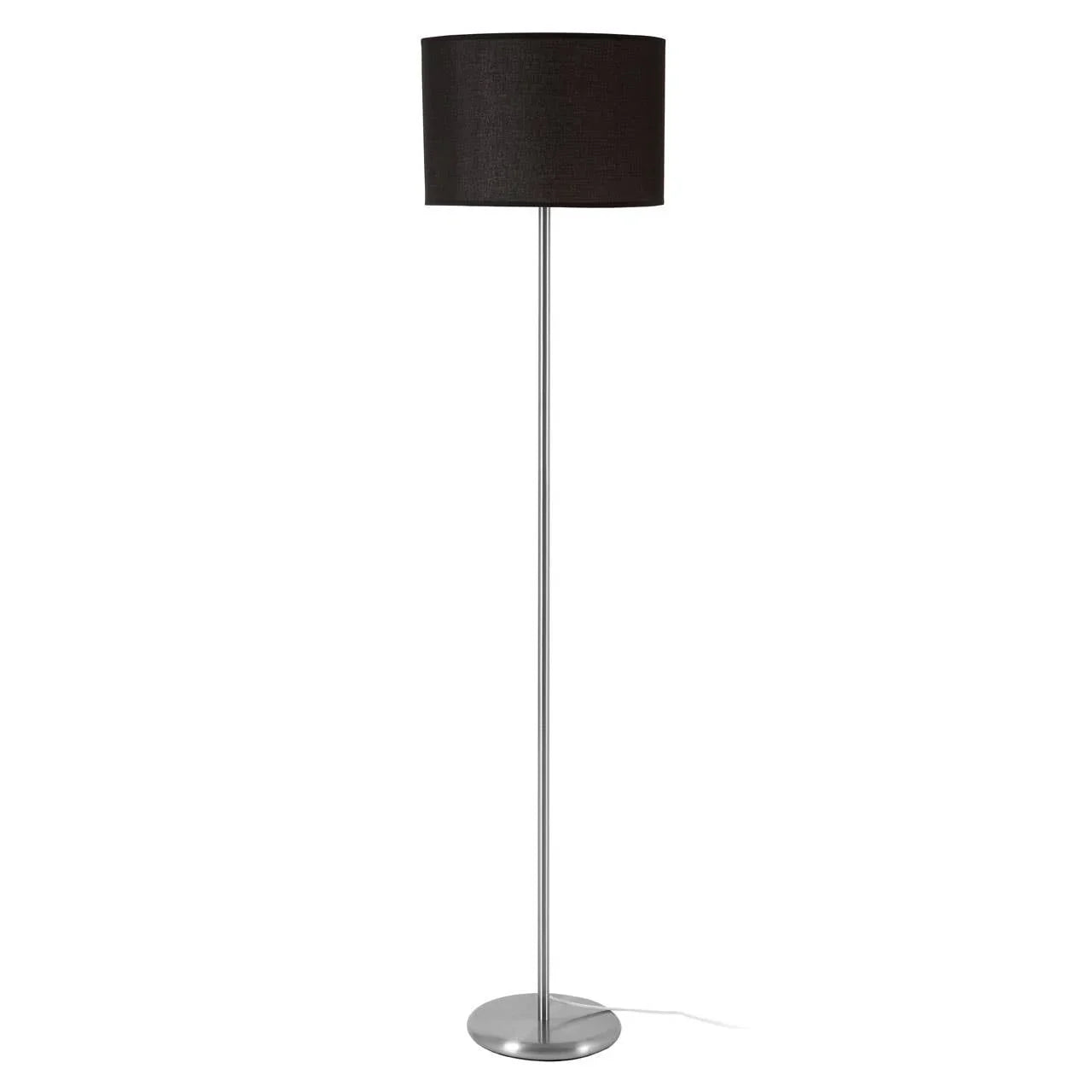Black drum shade floor lamp with silver metal base and slim pole