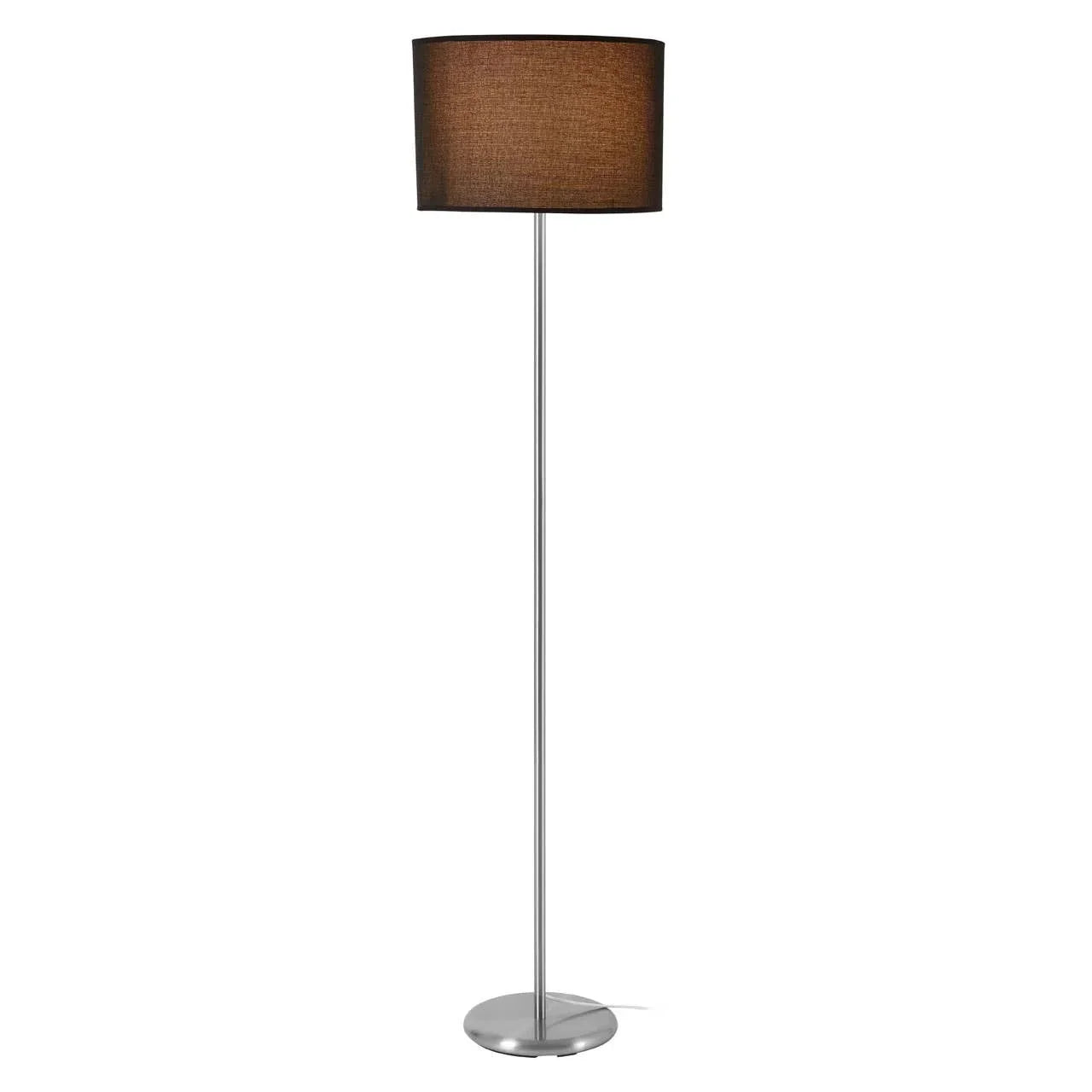 Modern floor lamp with round brown fabric shade and slim metal base